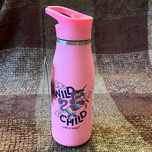 NWT 14 oz Life is Good “Wild Child Rainbow Unicorn” Bubblegum Pink Water Bottle